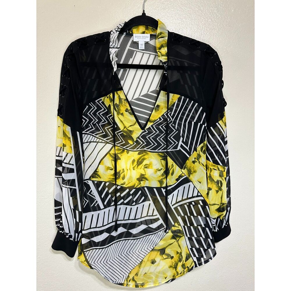 Bisou Bisou Women's Semi-Sheer Abstract Design Blouse Size XS Oversized